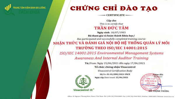 chung chi dao tao iso 14001 vnce